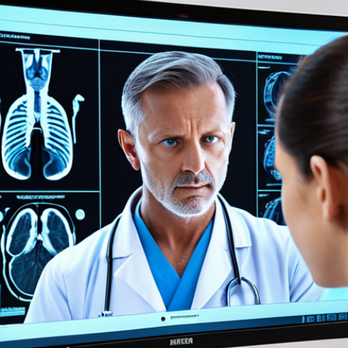 Home 11 **
A radiologist closely examining a medical scan on a large monitor, with an AI overlay highlighting potential anomalies in bright, contrasting colors. The scene should convey technological advancement and precision, with a modern hospital setting in the background. Focus on the radiologist's focused expression and the detail of the scan. Style: photorealistic, emphasis on sharp details and contrast.
**