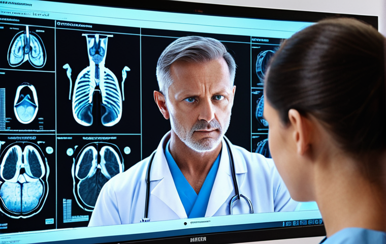 **

A radiologist closely examining a medical scan on a large monitor, with an AI overlay highlighting potential anomalies in bright, contrasting colors. The scene should convey technological advancement and precision, with a modern hospital setting in the background. Focus on the radiologist's focused expression and the detail of the scan. Style: photorealistic, emphasis on sharp details and contrast.

**