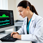 A focused female Polish physician, wearing a clean white lab coat over professional, modest medical scrubs, is seated at a desk in a well-lit, modern hospital workstation. A large computer monitor displays an electronic medical records interface. In the background, a subtle, organized stack of a few paper patient folders symbolizes the transition. Her expression is thoughtful and professional, with one hand on a mouse and the other holding a pen. High-resolution, realistic photo, perfect anatomy, correct proportions, natural pose, well-formed hands, proper finger count, natural body proportions, fully clothed, modest clothing, appropriate attire, professional dress, safe for work, appropriate content, professional, family-friendly.
