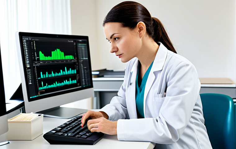A focused female Polish physician, wearing a clean white lab coat over professional, modest medical scrubs, is seated at a desk in a well-lit, modern hospital workstation. A large computer monitor displays an electronic medical records interface. In the background, a subtle, organized stack of a few paper patient folders symbolizes the transition. Her expression is thoughtful and professional, with one hand on a mouse and the other holding a pen. High-resolution, realistic photo, perfect anatomy, correct proportions, natural pose, well-formed hands, proper finger count, natural body proportions, fully clothed, modest clothing, appropriate attire, professional dress, safe for work, appropriate content, professional, family-friendly.