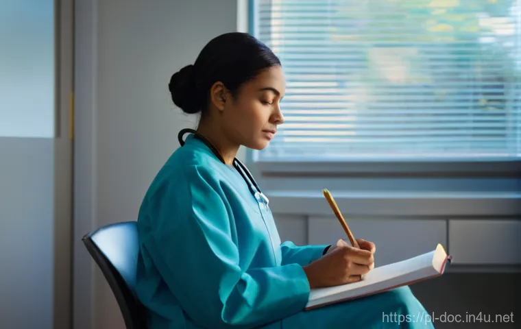 의료 실무 경험담 블로그 사례 - **Prompt:** A compassionate young female doctor, in her late 20s or early 30s, dressed in a clean, p...