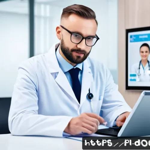 Home 30 의사 경력 개발 세미나 후기 - A modern medical professional in a bright, well-equipped clinic setting using telemedicine technolog...