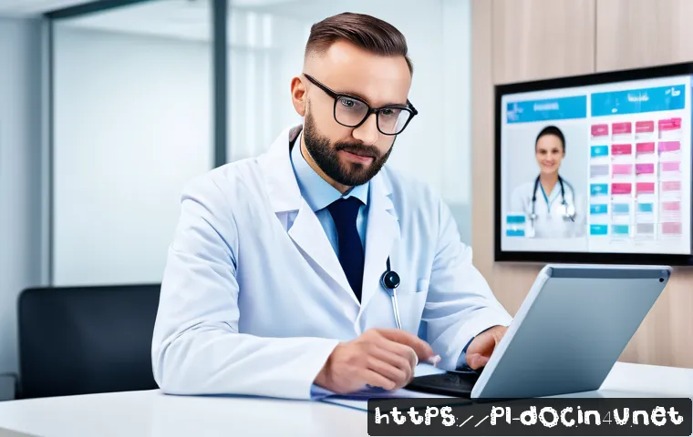 의사 경력 개발 세미나 후기 - A modern medical professional in a bright, well-equipped clinic setting using telemedicine technolog...