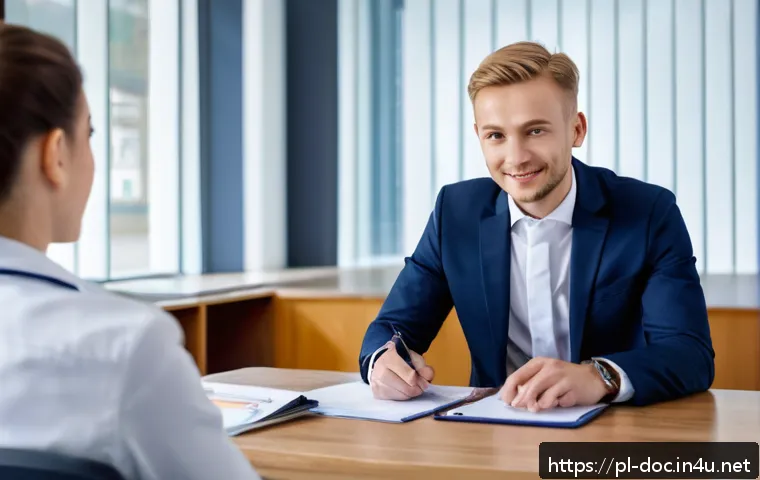 의료직 전공의 인터뷰 경험 - A professional Polish medical job interview scene in a modern office setting, featuring a confident ...