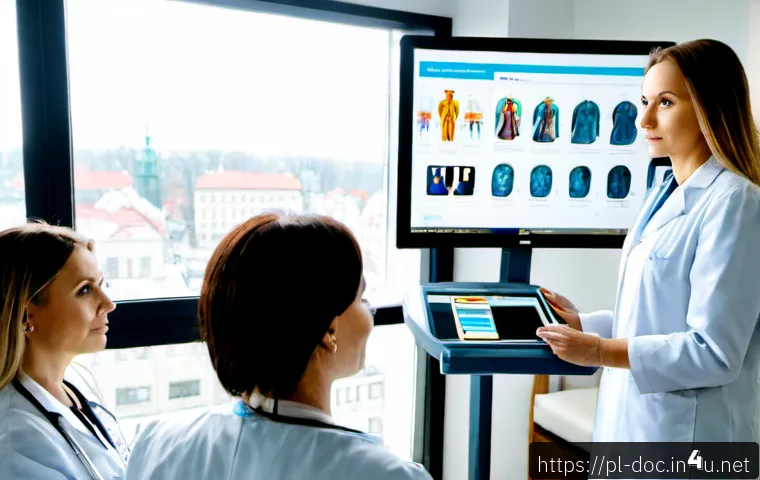 의사로서의 국제 교류 경험 - Photorealistic international medical exchange scene in a modern Warsaw teaching hospital, Polish doc...